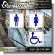 SIGN24042103: Transparent Acrylic with Reverse Lettering with Text Bathroom Pictogram Man, Woman, Disabled Advertising Material for Hydroelectric Production Plant brand Softmania Ads Dimensions 7.9x7.9 Inches