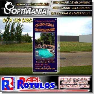 SMRR23082927:    FULL COLOR BANNER WITH METAL HOLES TO TIE WITH TEXT COSTA RICA BACKPACKERS ADVERTISING SIGN FOR HOTEL BRAND SOFTMANIA ROTULOS DIMENSIONS 31.5X70.9 INCHES