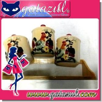 Read full article WOODEN SHELF WITH 3 CERAMIC SPECIERS WITH ROOSTER DESIGNS