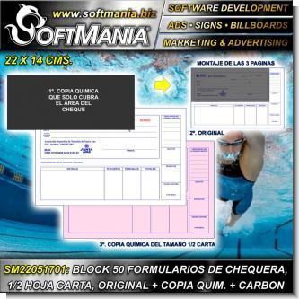 SM22051701:    BLOCK DE 50 FORMULARIOS PARA CONTROL DE CHEQUERA, MEDIA HOJA CARTA, ORIGINAL + COPIA QUIMICA + HOJA DE CARBON PARA CHEQUE