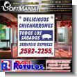 SMRR23040801: Cut Vinyl Banner with Metal Holes to Tie with Text Delicious Chicharrones Every Saturday Advertising Sign for Butcher Shop brand Softmania Advertising Dimensions 29.9x34.6 Inches