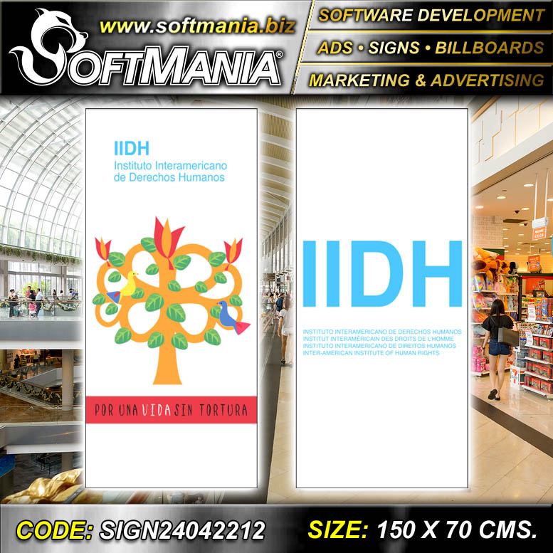 Lee el articulo completo Rotulo Publicitario Banner de Vinil de Corte con Ojetes de Metal para Amarrar con Texto Instituto Interamericano de Derechos Humanos para Organizacion sin Fines de Lucro marca Softmania Ads de Dimensiones 0.7x1.5 Metros