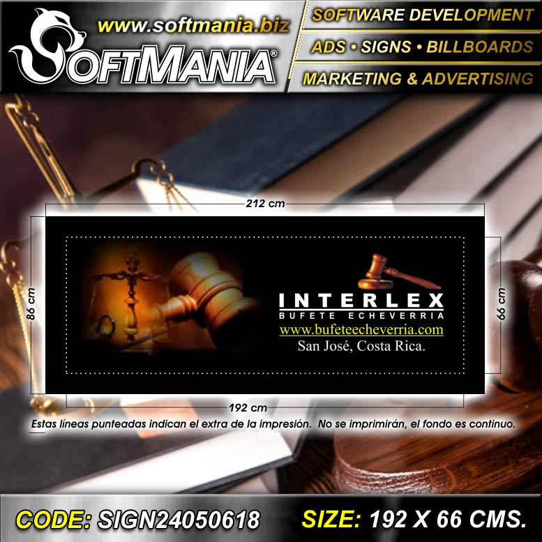 Lee el articulo completo Rotulo Publicitario Banner Full Color con Marco Tubular con Texto Interlex Bufete Echeverria para Bufete de Abogados marca Softmania Ads de Dimensiones 1.9x0.7 Metros