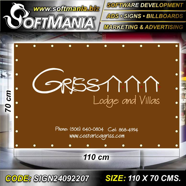 Read full article Cut Vinyl Banner with Metal Holes to Tie with Text Griss Albergue y Villas Advertising Sign for Hotel brand Softmania Ads Dimensions 43.3x27.6 Inches