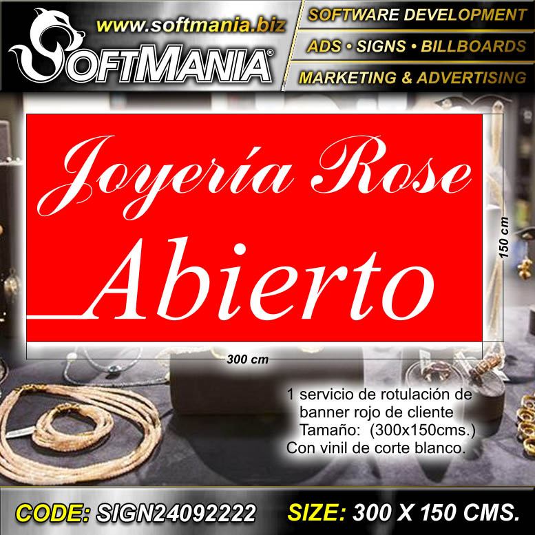 Lee el articulo completo Rotulo Publicitario Banner Full Color con Ojetes de Metal para Amarrar con Texto Joyeria Rose Open para Tienda de Joyeria marca Softmania Ads de Dimensiones 3x1.5 Metros Lee el articulo completo Rotulo Publicitario Banner Full Color con Ojetes de Metal para Amarrar con Texto Joyeria Rose Open para Tienda de Joyeria marca Softmania Ads de Dimensiones 3x1.5 Metros