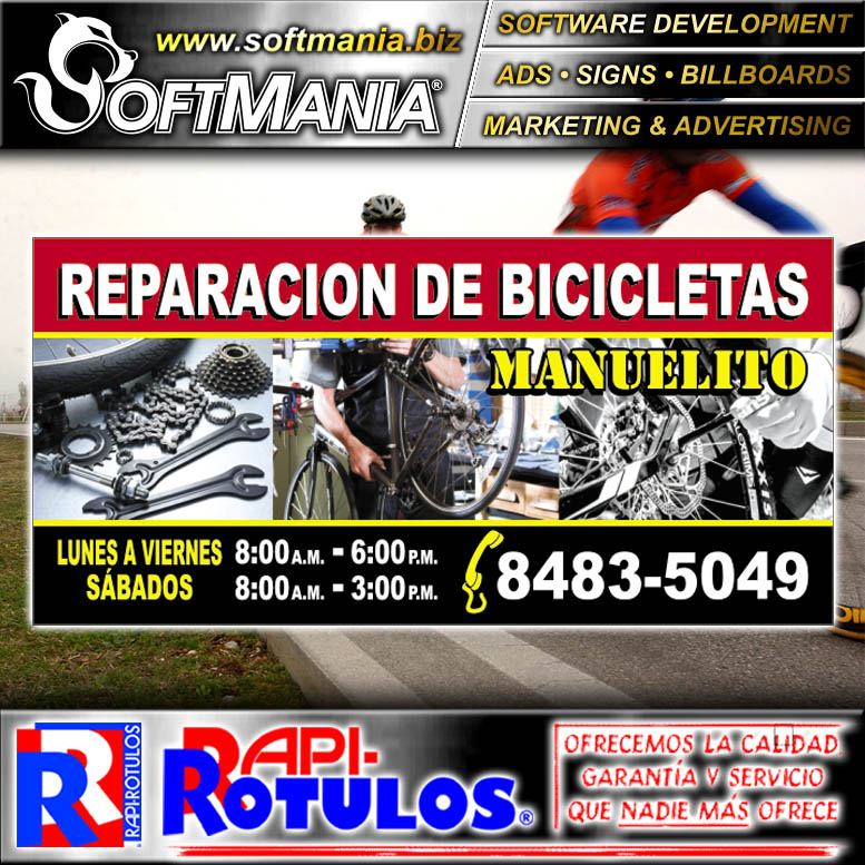Read full article FULL COLOR BANNER WITH METAL HOLES TO TIE WITH TEXT MANUELITO BIKE REPAIR ADVERTISING SIGN FOR BIKES WORKSHOP BRAND SOFTMANIA ADVERTISING DIMENSIONS 38.2X18.5 INCHES