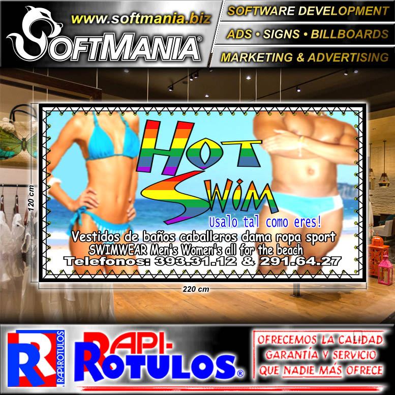 Lee el articulo completo ROTULO PUBLICITARIO BANNER FULL COLOR CON MARCO TUBULAR CON TEXTO VESTIDOS DE BANOS CABALLEROS DAMA ROPA SPORT PARA TIENDA DE ROPA MARCA SOFTMANIA ADVERTISING DE DIMENSIONES 2.2X1.2 METROS