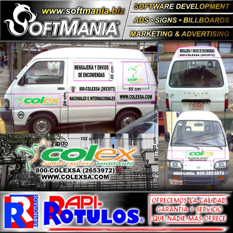 Read full article ADVERTISING FOR COMPANY VEHICLE FLEET DOUBLE SIDED WITH TEXT COLEX MESSAGING AND PACKAGE DELIVERY ADVERTISING SIGN FOR DELIVERY AND SHIPPING COMPANY BRAND SOFTMANIA ADVERTISING DIMENSIONS 19.7X3.9 FOOT