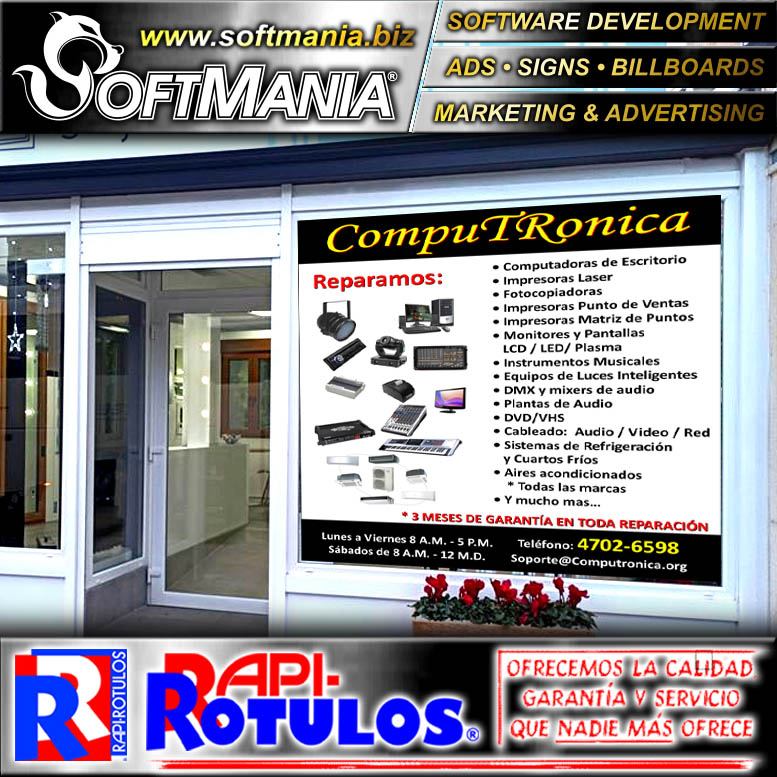 Lee el articulo completo ROTULO PUBLICITARIO ADHESIVO VINIL MICROPERFORADO PARA VENTANA DE VIDRIO CON TEXTO COMPUTRONICA PARA TIENDA DE EQUIPO DE COMPUTO MARCA SOFTMANIA ADVERTISING DE DIMENSIONES 1.4X1.5 METROS