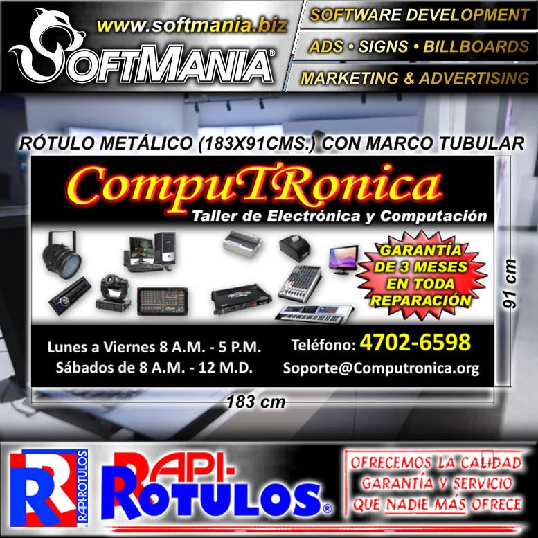 Read full article METAL SHEET OF IRON WITH TUBULAR FRAME AND FULL PRINTING WITH TEXT ELECTRONICS AND COMPUTER WORKSHOP ADVERTISING SIGN FOR COMPUTER EQUIPMENT STORE BRAND SOFTMANIA ADVERTISING DIMENSIONS 72X35.8 INCHES