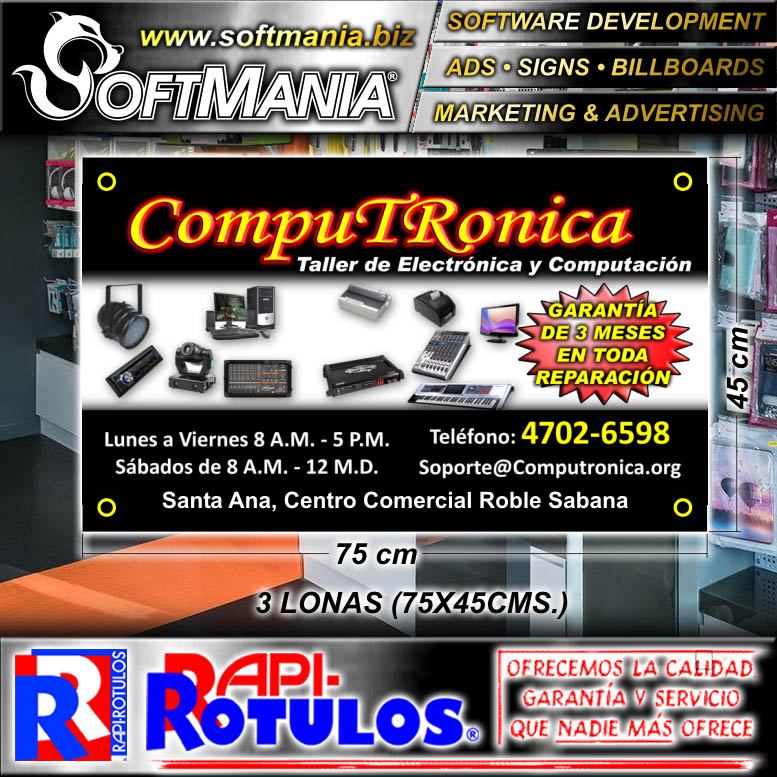 Read full article CUT VINYL BANNER WITH METAL HOLES TO TIE WITH TEXT ELECTRONICS AND COMPUTER WORKSHOP ADVERTISING SIGN FOR CELL PHONE AND ELECTRONICS STORE BRAND SOFTMANIA ADVERTISING DIMENSIONS 29.5X17.7 INCHES