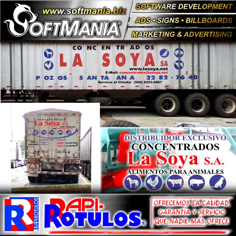 Lee el articulo completo ROTULO PUBLICITARIO PUBLICIDAD PARA FLOTILLA VEHICULAR DE EMPRESA DOS CARAS CON TEXTO ROTULACION DE CONTENEDOR DE MATERIAS PRIMAS PARA FABRICA DE ALIMENTOS MARCA SOFTMANIA ADVERTISING DE DIMENSIONES 10X2.2 METROS