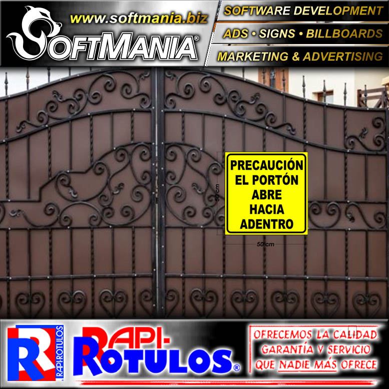 Read full article IRON SHEET WITH FULL COLOR ADHESIVE VINYL LABELING WITH TEXT THE GATE OPENS INWARD ADVERTISING SIGN FOR FAMILY HOME BRAND SOFTMANIA ROTULOS DIMENSIONS 19.7X19.7 INCHES