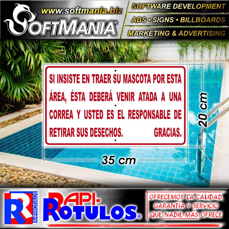 Read full article PVC PLASTIC 3 MILLIMETERS WITH CUT VINYL LETTERING WITH TEXT REGULATION ON PETS IN POOLS AND RECREATIONAL AREA ADVERTISING SIGN FOR FAMILY HOME BRAND SOFTMANIA ROTULOS DIMENSIONS 13.8X7.9 INCHES