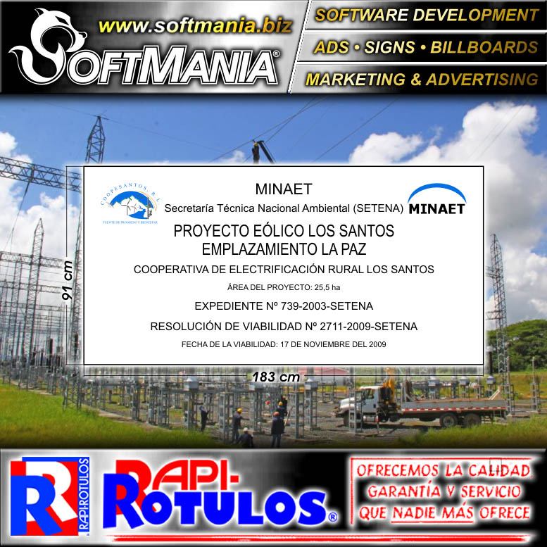 Read full article IRON SHEET WITH CUT VINYL LETTERING WITH TEXT REGULATORY SIGN OF SETENA ELECTRICAL PROJECT ADVERTISING SIGN FOR CONSTRUCTION COMPANY BRAND SOFTMANIA ROTULOS DIMENSIONS 72X35.8 INCHES