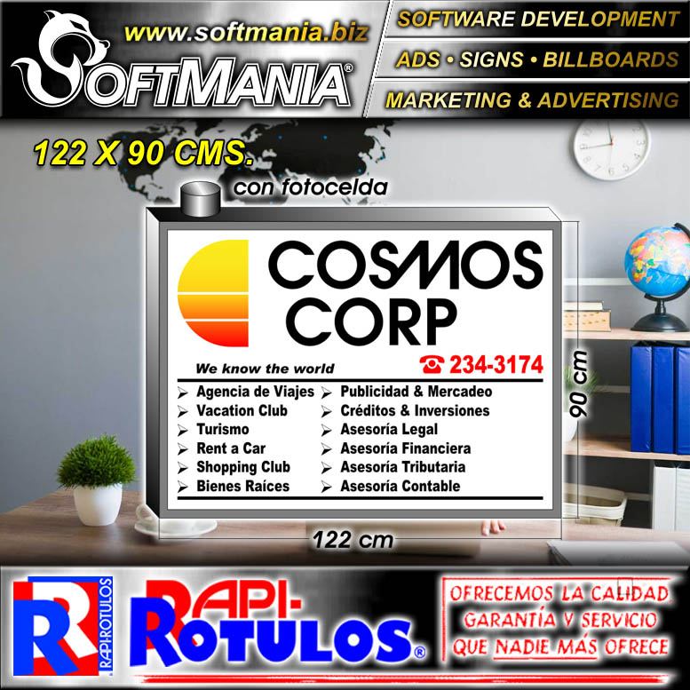 Lee el articulo completo ROTULO PUBLICITARIO LUMINOSO DE CARA ACRILICA DOS CARAS CON TEXTO COSMOS CORP PARA AGENCIA DE VIAJES MARCA SOFTMANIA ROTULOS DE DIMENSIONES 1.2X0.9 METROS