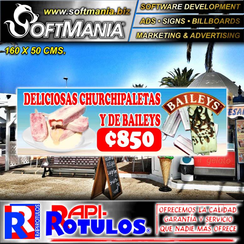 Read full article Full Color Banner with Metal Holes to Tie with Text Delicious Churchipaletas and Baileys Advertising Sign for Ice Cream Shop brand Softmania Rotulos Dimensions 63x19.7 Inches