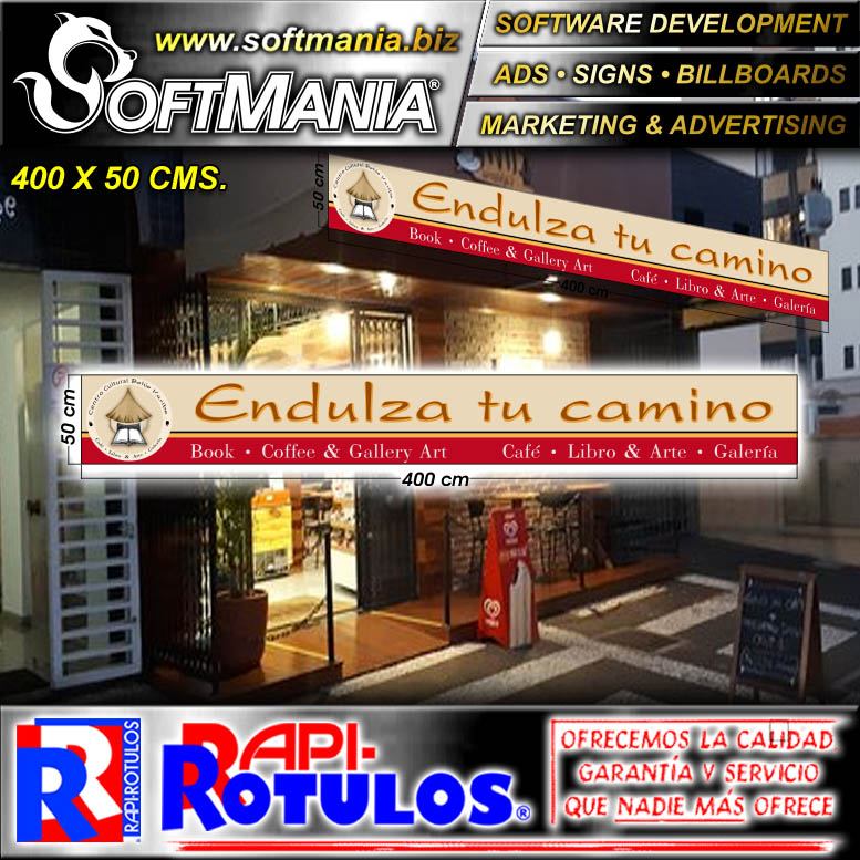 Lee el articulo completo Rotulo Publicitario Lamina de Hierro con Rotulado de Vinil Adhesivo Full Color con Texto Endulza Tu Camino para Cafe y Restaurante marca Softmania Rotulos de Dimensiones 4x0.5 Metros Lee el articulo completo Rotulo Publicitario Lamina de Hierro con Rotulado de Vinil Adhesivo Full Color con Texto Endulza Tu Camino para Cafe y Restaurante marca Softmania Rotulos de Dimensiones 4x0.5 Metros