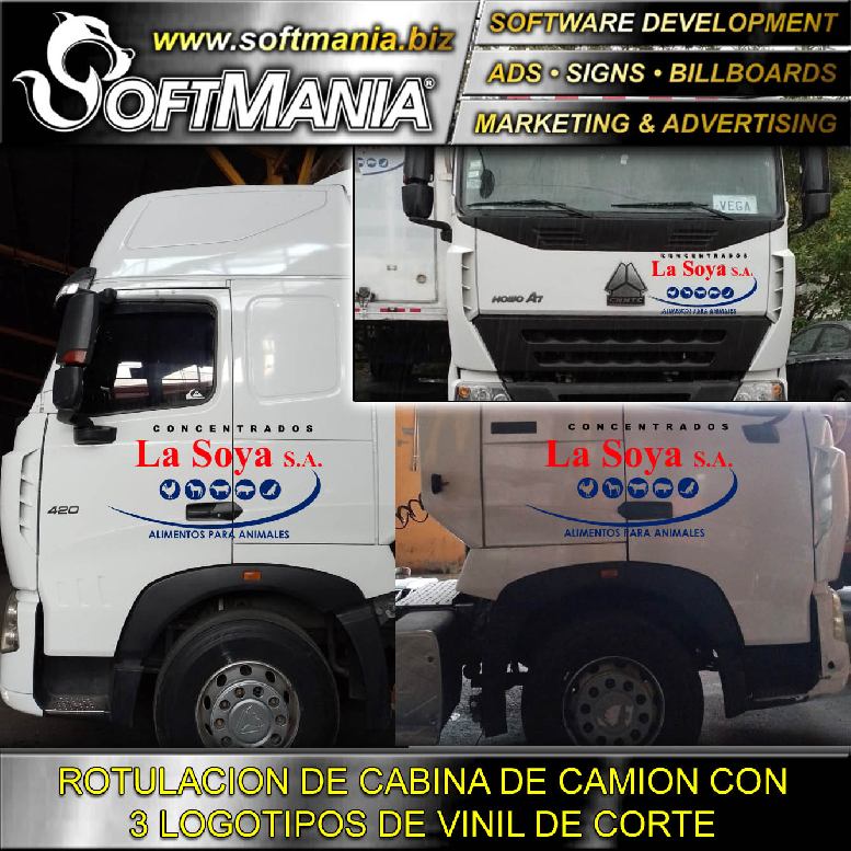 Read full article Advertising for Company Vehicle Fleet Double Sided with Text Truck Cabin with 3 Cut Vinyl Logos Advertising Sign for Food Factory brand Softmania Rotulos Dimensions 48x26.4 Inches