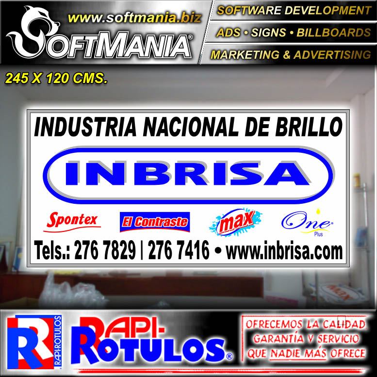 Lee el articulo completo Rotulo Publicitario Aluminio Acm 4mm con Rotulacion en Full Color con Texto Logotipos de Inbrisa, Contraste, Max, One y Spontex para Fabrica de Productos de Limpieza marca Softmania Advertising de Dimensiones 2.5x1.2 Metros