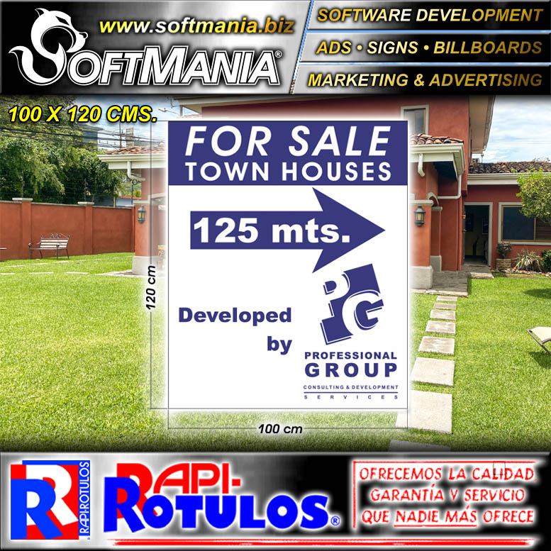 Lee el articulo completo Rotulo Publicitario Lamina de Hierro con Rotulado de Vinil Adhesivo Full Color con Texto Casas en Venta para Bienes Raices marca Softmania Advertising de Dimensiones 1x1.2 Metros