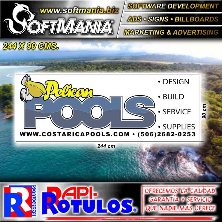 Lee el articulo completo Rotulo Publicitario Banner de Vinil de Corte con Ojetes de Metal para Amarrar con Texto Pelican Pools, Diseno, Servicio, Suministros para Bienes Raices marca Softmania Advertising de Dimensiones 2.4x0.9 Metros