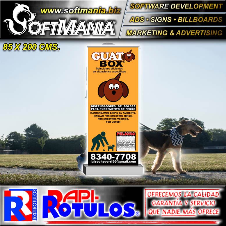 Lee el articulo completo Rotulo Publicitario Banner Roller up Impresion Full Color con Texto Guato Box, Dispensadores de Bolsas para Excrementos de Mascota para Condominio marca Softmania Advertising de Dimensiones 0.9x2 Metros