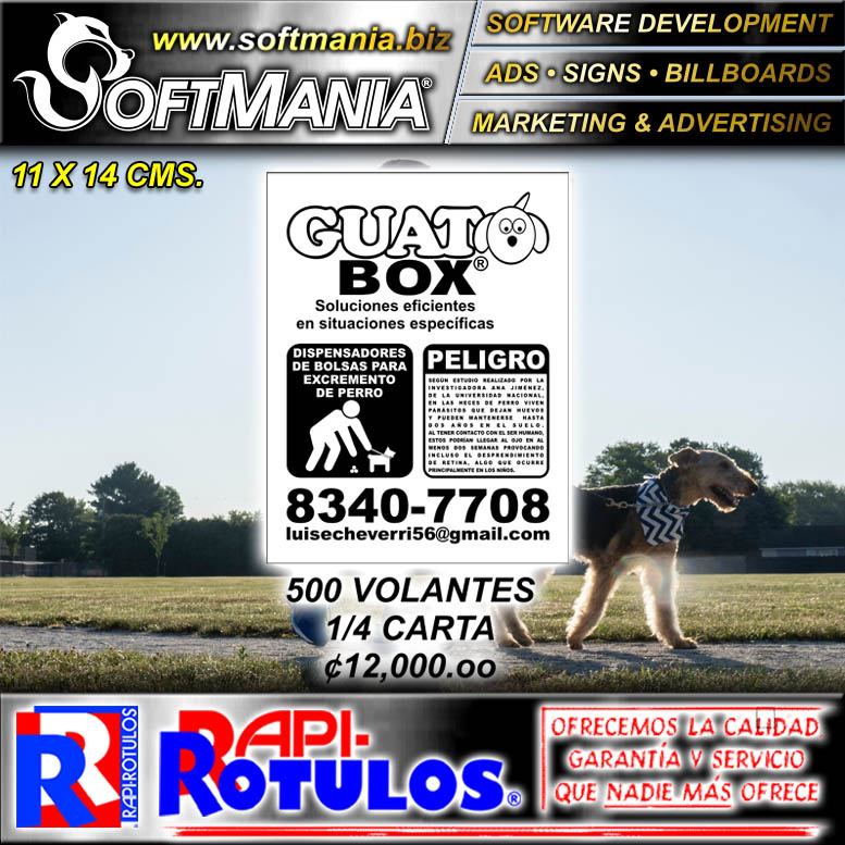 Read full article Promotional Flyer Laser Printing with Uv Lamination on Coated Paper with Text Guato Box, Pet Waste Bag Dispensers Commercial Stationery for Condominium brand Softmania Advertising Dimensions 4.3x5.5 Inches