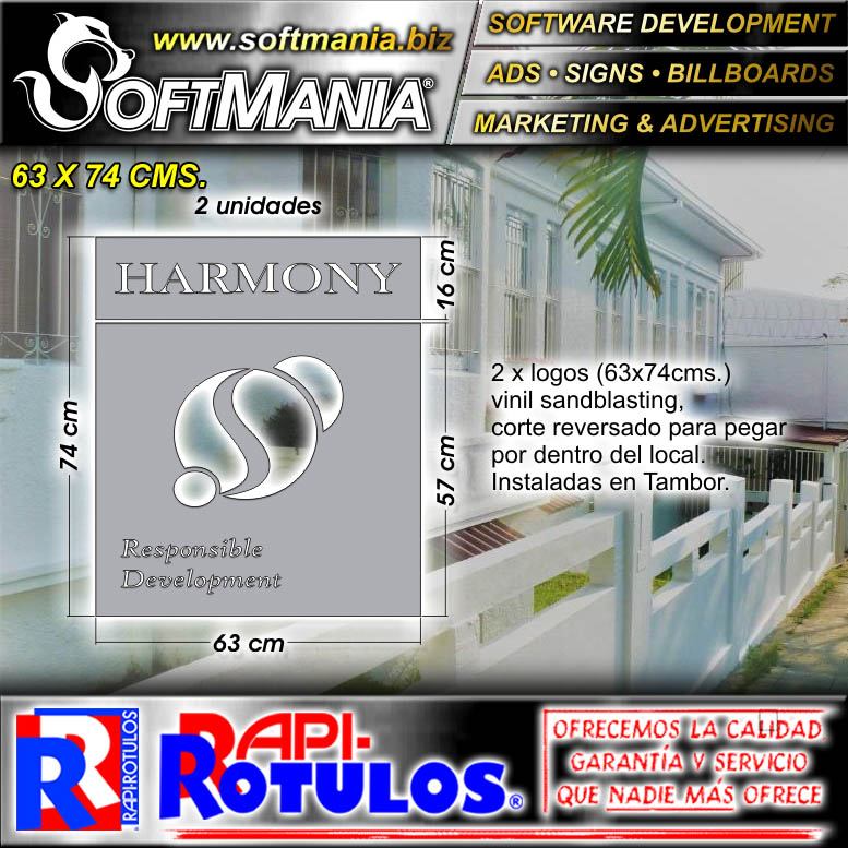Read full article Sandblasted Type Adhesive on Windows and Doors with Text Harmony, Responsible Development Advertising Sign for Hotel brand Softmania Advertising Dimensions 24.8x29.1 Inches