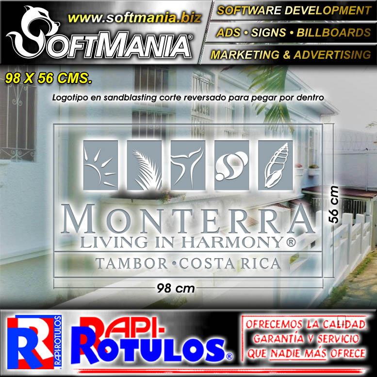 Read full article Sandblasted Type Adhesive on Windows and Doors with Text Monterra, Living in Harmony, Tambor - Costa Rica Advertising Sign for Hotel brand Softmania Advertising Dimensions 38.6x22 Inches