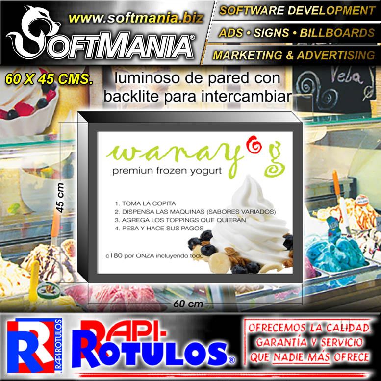 Read full article Acrylic Light Box with Aluminum Frame with Text Premium Frozen Yogurt Advertising Sign for Ice Cream Shop brand Softmania Advertising Dimensions 23.6x17.7 Inches