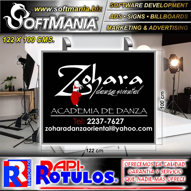 Read full article Metal Sheet of Iron with Aluminum Frame Double Sided with Text Zohara, Oriental Dance Advertising Sign for Dance Academy brand Softmania Advertising Dimensions 48x39.4 Inches
