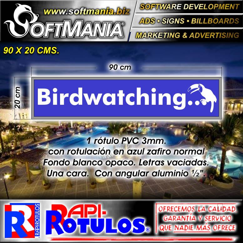 Lee el articulo completo Material Publicitario Lamina Metalica de Hierro con Marco de Aluminio con Texto Mirador de Aves para Hotel marca Softmania Ads de Dimensiones 90x20 Centimetros Lee el articulo completo Material Publicitario Lamina Metalica de Hierro con Marco de Aluminio con Texto Mirador de Aves para Hotel marca Softmania Ads de Dimensiones 90x20 Centimetros